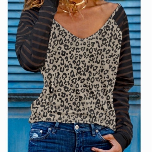 - Leopard Print, Sheer Black Arms, Long Sleeve Top. New - Picture 3 of 10